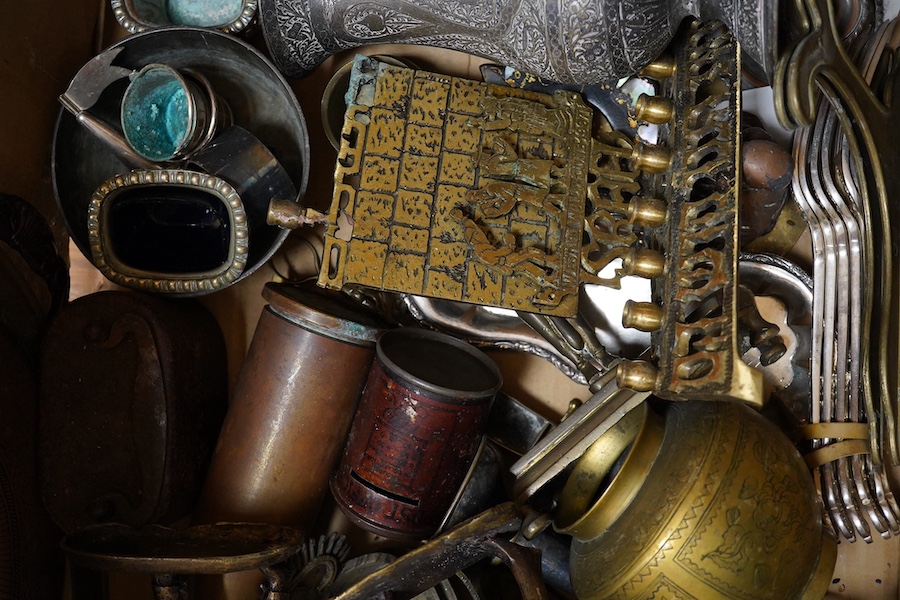 A box of mixed brass and metalware tray vases etc. Condition - poor to fair